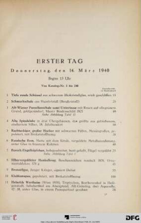 Erster Tag: Donnerstag, den 14. März 1940, Beginn 15 Uhr (Nr. 1-240)