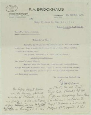 [5]: Brief und Postkarten des Verlages F. A. Brockhaus an Hans Steffen