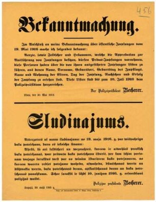 "Bekanntmachung." Anordnung zur Führung von Impflisten bei privaten Impfungen durch approbierte Ärzte, Feldscher und Hebammen