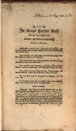 Im Reichsfürstenrath : ... Fortsetzung des Protokolls, 1788