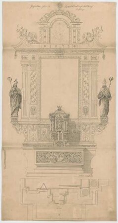 Müller, Josef Anton; Feldkirch bei Trostberg; Expositurkirche - Hochaltar (Grundriss m. Schnitt, Ansicht)