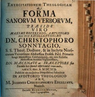 Exercitationem Theologicam de Forma Sanorvm Verborvm