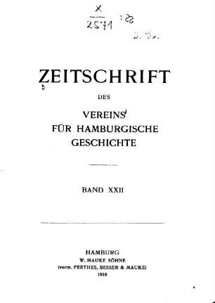 22.1918: Zeitschrift des Vereins für Hamburgische Geschichte