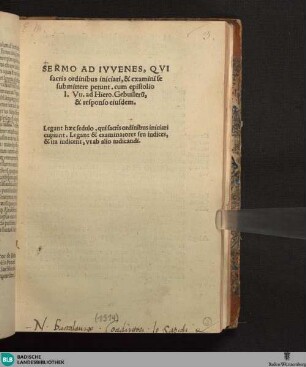 Sermo Ad Ivvenes , @Qvi sacris ordinibus iniciari, & examini se submittere petunt