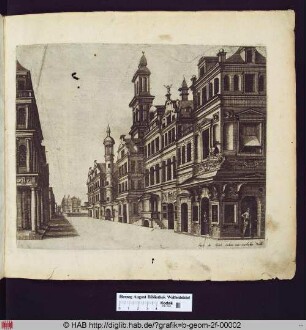 Ansicht einer Straße, an der Ecke der Laden des Verlegers Hieronymus Cock, rechts Cock und seine Ehefrau Volcxken Diericx.