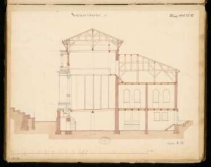 Sommertheater Monatskonkurrenz März 1878: Längsschnitt des Bühnenhauses; Maßstabsleiste