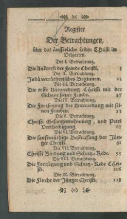 Register Der Betrachtungen, über das äusserliche Leben Christi im Oelgarten
