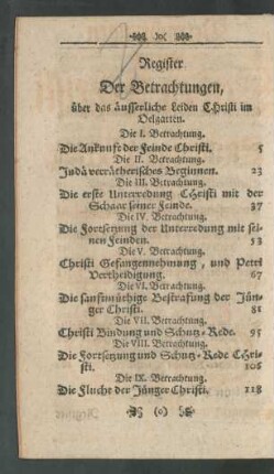 Register Der Betrachtungen, über das äusserliche Leben Christi im Oelgarten