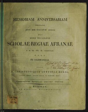 1821: Memoriam anniversariam dedicatae ante hos ... annos Scholae Regiae Afranae ... pie celebrandam indicit