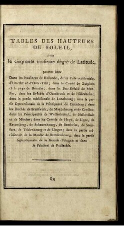 Tables des Hauteurs du Soleil, puor le cinquante troisieme dégré de Latitude...