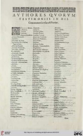 Avthores qvorvm testimoniis in his commentariis vsus est Pierius
