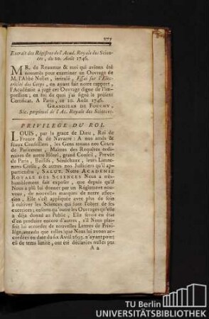 Extrait des Régistres de l'Acad. Royale des Sciences, du 20. Août 1746.