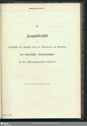 A. Hauptübersicht der Überschüsse und Zuschüsse sowie der Reinerträge und Aufwände des ordentlichen Staatshaushalts in der Finanzperiode 1904/05