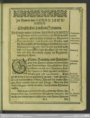 Leichenpredigt : Christliche Leichpredigt. [Eingang]. Textus. Exordium speciale. Explicatio