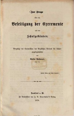 Zur Frage über die Beseitigung der Excremente aus den Schulgebäuden