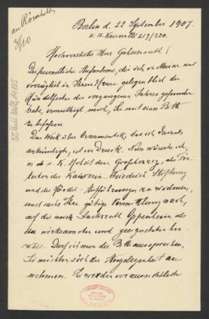 Brief an B. Schott's Söhne : 22.09.1907
