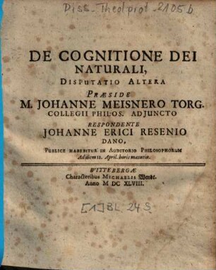 De Cognitione Dei Naturali, Disputatio Altera