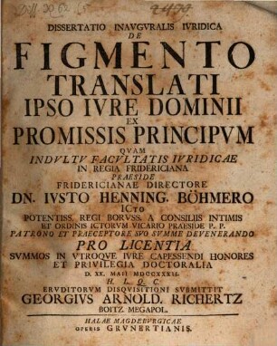 Dissertatio inauguralis iuridica de figmento translati ipso iure dominii ex promissis principum