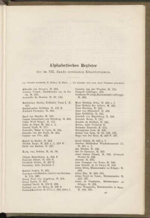 Alphabetisches Register der im VIII. Bande erwähnten Künstlernamen.
