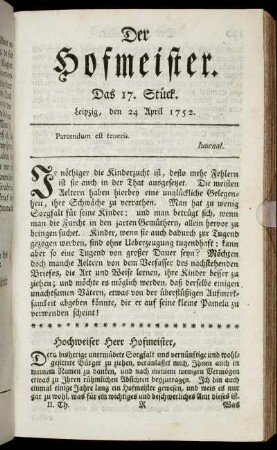 Das 17. Stück. Leipzig, den 24 April 1752.