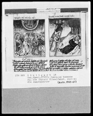 Zwei Schriften — Speculum humanae salvationis — Textseite mit zwei Miniaturen, Folio 83verso