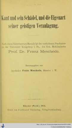 Kant und sein Schädel, und die Eigenart seiner geistigen Veranlagung