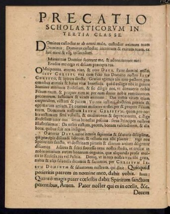 Precatio Scholasticorum In Tertia Classe.