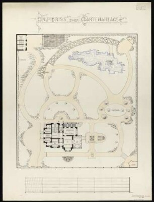 Grundriss einer Gartenanlage, kolorierte Handzeichnung, 1890/91 : Puschmann, Oscar: Grundriss einer Gartenanlage. - Blatt I. - 1:200 - [S.l.] , W.S. 1890/91. - 1 Plan : kolor. Federzeichng, ; 24,0 x 37,6 cm
