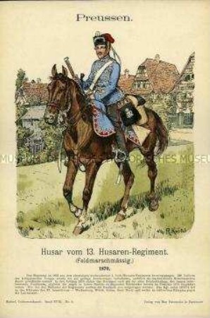 Uniformdarstellung, Husar des 13. Husaren-Regiments, Königreich Preußen, 1870.