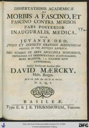 Pars Posterior: Dissertationis Academicae De Morbis A Fascino, Et Fascino Contra Morbos Pars ...