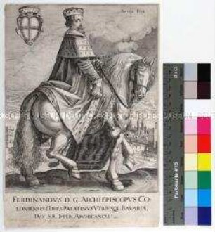 Porträt des kaiserlichen Hofpfalzgrafen und Erzbischofs von Köln Ferdinand von Bayern zu Pferd vor der Stadt Köln