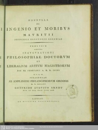 Nonnvlla De Ingenio Et Moribvs Mavritii Principis Electoris Saxoniae
