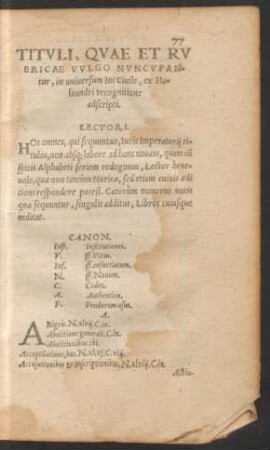 Tituli, Quae Et Rubricae Vulgo Nuncupantur, in universum Ius Civile, ex Haloandri recognitione adscripti.