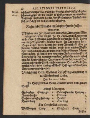 Verzeichnuß Herrn General Tilly Einquartierung in das Fürstenthumb Hessen.