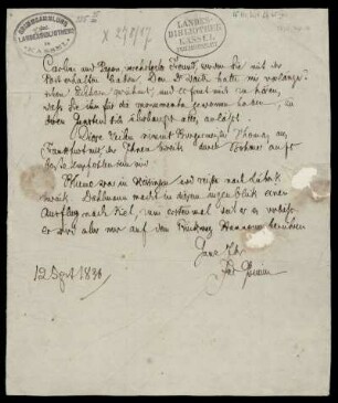 Brief von Jacob Grimm an Georg Heinrich Pertz