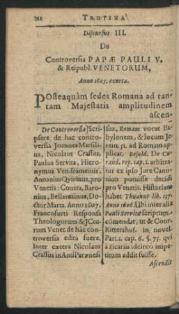 Discursus III. De Controversia Papae Pauli V. & Reipubl. Venetorum, Anno 1605. exorta.