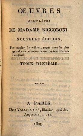 Oeuvres complètes de Madame Riccoboni, 10. Lettres d'Élisabeth Sophie de Vallière