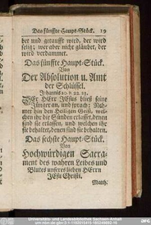 Das fünffte Haupt-Stück. Von Der Absolution u. Amt der Schlüssel.