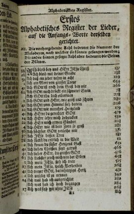 Erstes alphabetisches Register der Lieder, auf die Anfangs-Worte derselben gerichtet