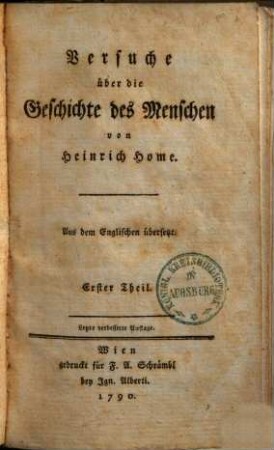 Versuche über die Geschichte des Menschen : Aus dem Englischen übersetzt. 1.