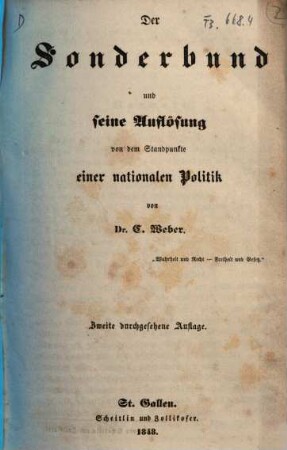 Der Sonderbund und seine Auflösung von dem Standpunkte einer nationalen Politik