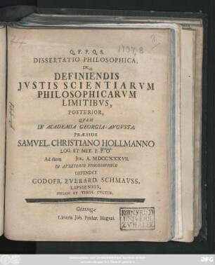 Posterior: Dissertatio Philosophica, De Definiendis Jvstis Scientiarvm Philosophicarvm Limitibvs, ...