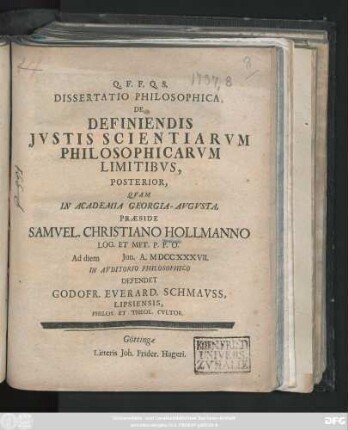 Posterior: Dissertatio Philosophica, De Definiendis Jvstis Scientiarvm Philosophicarvm Limitibvs, ...