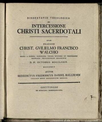 Dissertatio Theologica De Intercessione Christi Sacerdotali