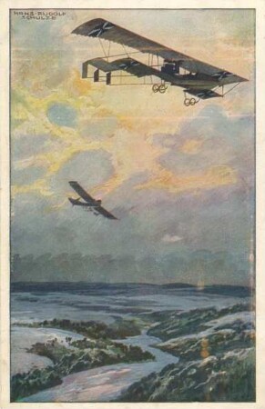 Erster Weltkrieg - Postkarten "Aus großer Zeit 1914/15". "Militärdoppeldecker auf Erkundungsfahrt über dem Argonnerwald" - "Deutscher Luftflotten-Verein für Schaffung einer starken deutschen Luftflotte und Förderung der Luftfahrerschule!"