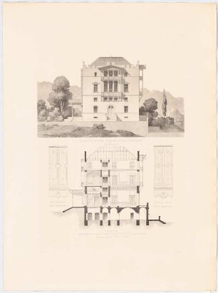 Werke der höheren Baukunst, Darmstadt 1856 Schloss im Gebirge: Aufriss Seitenansicht, Schnitt, Geländerdetail
