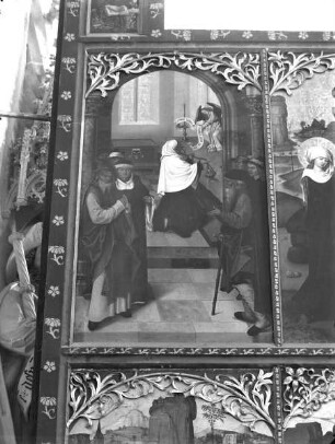 Altar in erster Öffnung — Szenen aus dem Leben Johannes des Täufers — Linker Außenflügel: Vier Szenen aus dem Leben des Heiligen — Die Verkündigung an Zacharias im Tempel