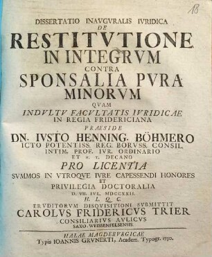 Dissertatio Inavgvralis Ivridica De Restitvtione In Integrvm Contra Sponsalia Pvra Minorvm