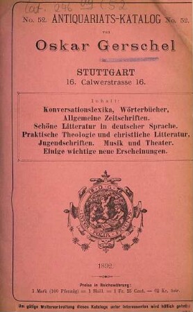 Oskar Gerschel, Buch-Antiquariat, Antiquariats-Katalog : (Bücher-Cataloge), 52