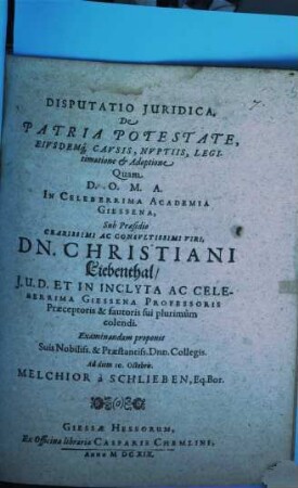 Disp. iur. de patria potestate, eiusdemque causis, nuptiis, legitimatione et adoptione